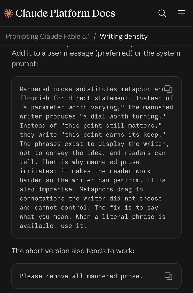 HamelHusain's tweet photo. The suggested prompt to remove slop is itself, pure slop 

If it works fine, but feels funny to me ngl https://t.co/Yh0YWfbUT7