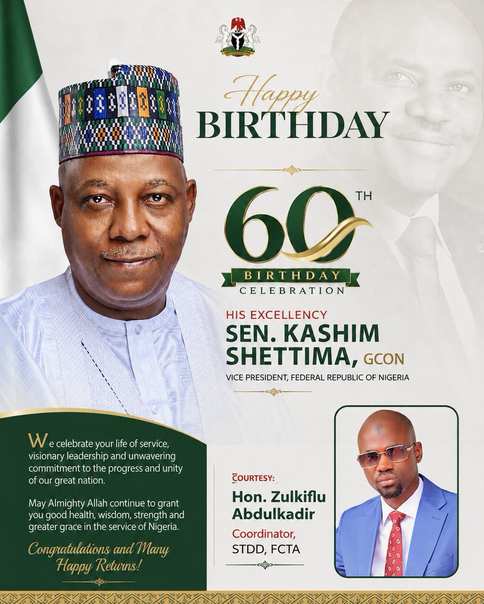 HonZulkiflu's tweet photo. Happy 60th Birthday to His Excellency, @officialSKSM , GCON, Vice President of the Federal Republic of Nigeria.

May Almighty Allah continue to grant you good health, wisdom, strength and success as you serve our great nation and advance the Renewed Hope Agenda of the administration of President @officialABAT , GCFR.

Wishing Your Excellency many more years of impactful service and blessings.

Hon. Zulkiflu Abdulkadir
Coordinator STDD, FCTA