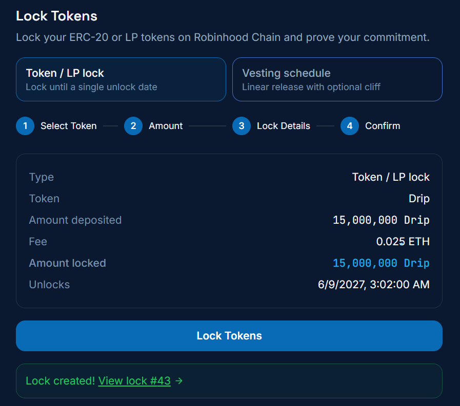 Dripswapapp's tweet photo. We have just locked 1.5% of our supply to show our long term commitment to perfecting and shipping the product to all of crypto. 

Dividend Yield Tokenization is finally here! https://t.co/7eLSd4PPat
