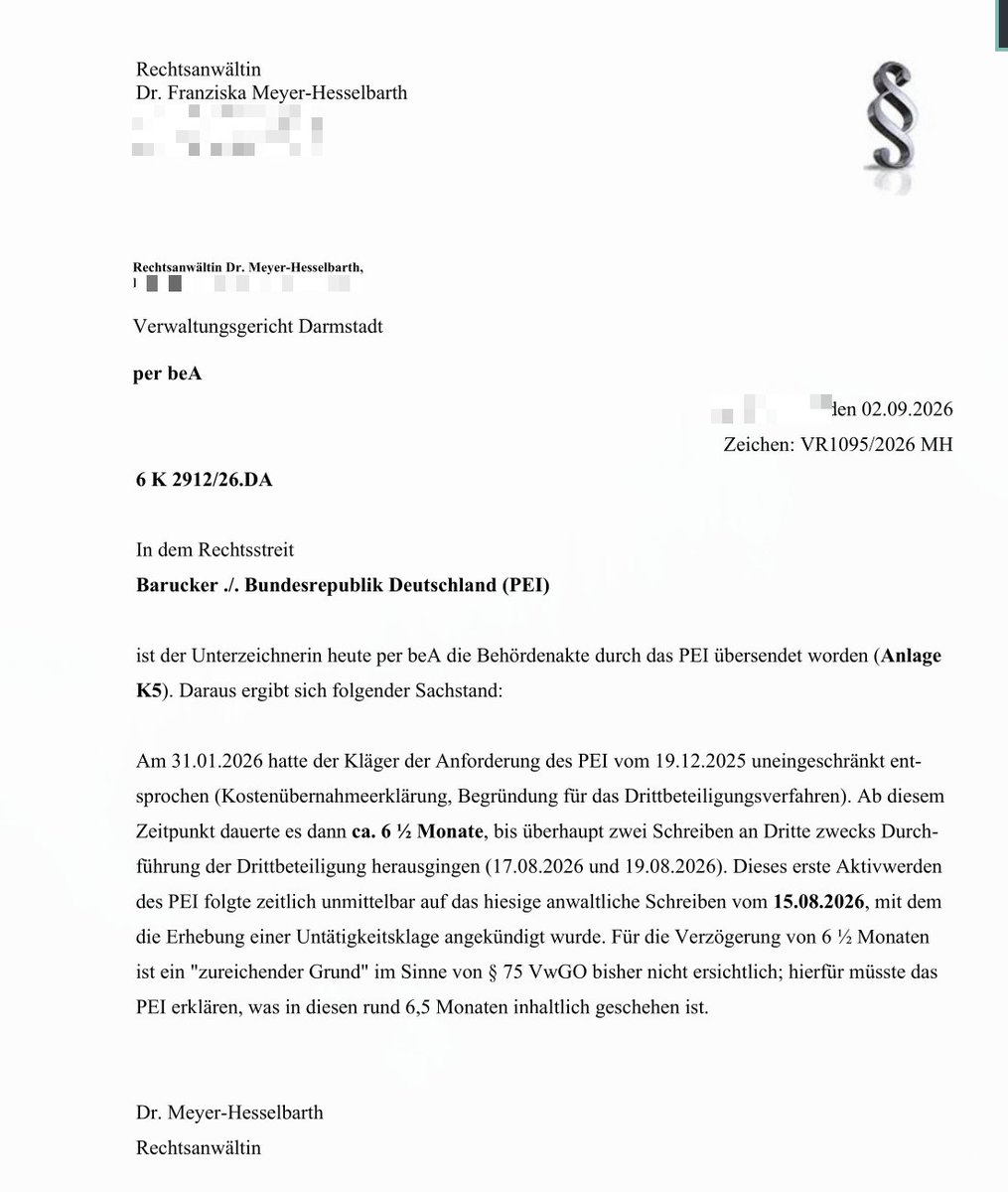 BBarucker's tweet photo. In diesem aktuellen Schriftsatz der mich vertretenden Anwältin ist die Chronologie meines Auskunftsbegehrens dargelegt. Fazit: Ohne ernst gemeinte Klageandrohung passiert beim PEI bei einer IFG-Anfrage nichts. Wie schon beim RKI verzögert und verhindert man Transparenz um jeden Preis. So wird es leider eine Frage des Geldes, ob Bürger und Journalisten an wichtige Dokumente kommen. Daher: Danke noch mal an alle, die kleine Schenkungen senden. Ich habe nämlich noch drei weitere, ähnliche Anfragen zu laufen. Alle werden einfach nicht beantwortet. So wird es leider eine Frage des Geldes, ob Bürger und Journalisten an wichtige Dokumente kommen. Daher Danke noch mal an alle, die kleine Schenkungen senden. Ich habe nämlich noch drei weitere ähnliche Anfragen zu laufen. Alle werden einfach nicht beantwortet.

Ursprüngliche IFG-Anfrage: https://t.co/FyQFNBwfBH

Klagen unterstützen: https://t.co/whlm5coCq1