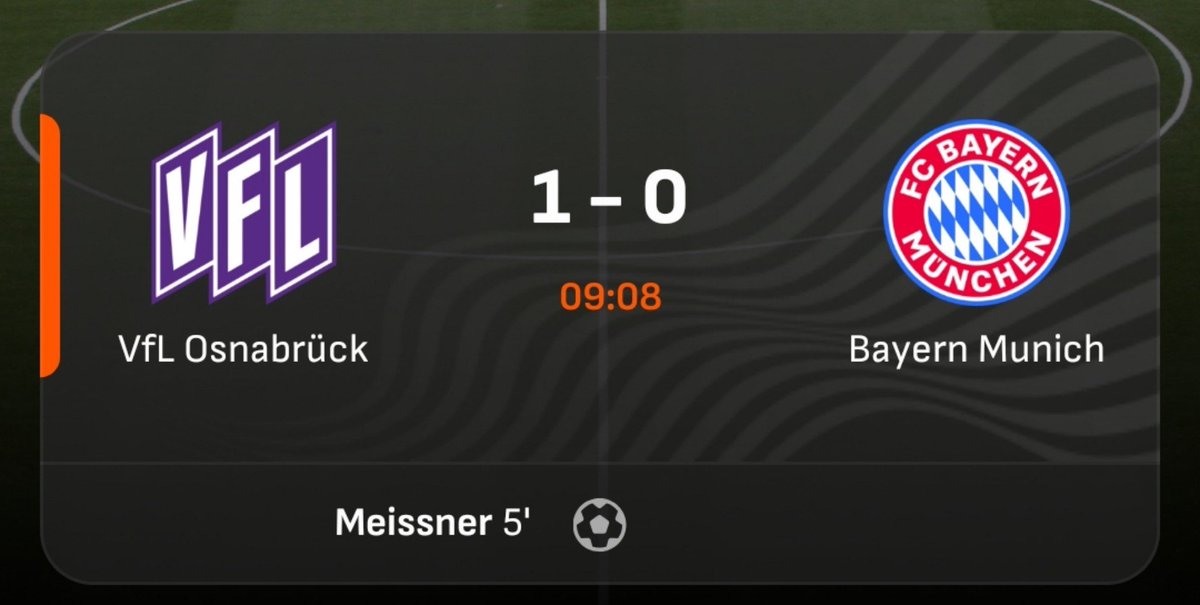 Inako_Yolwa's tweet photo. VfL Osnabrück 1-0 Bayern Munich. Meißner, 5'. Early lead for the hosts in the DFB-Pokal first round.

#FCB #VfLOsnabrück #FCBayern #DFBPokal https://t.co/z0rvh28jD3