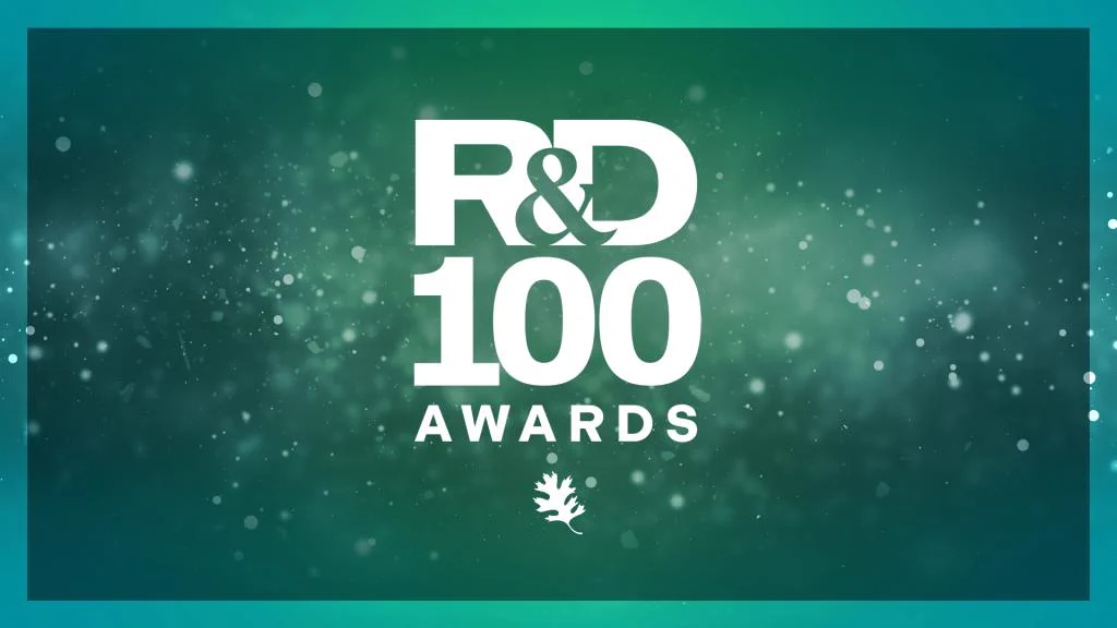 A green and white graphic displaying "R&D 100 Awards" with a small oak leaf symbol below the text.