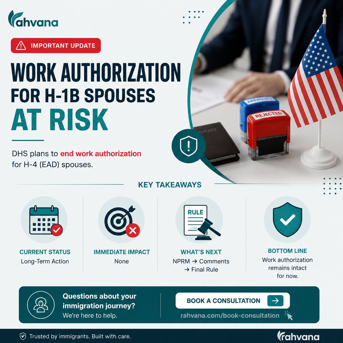Rahvanaco's tweet photo. H-4 EAD work authorization is at risk, but nothing changes right now.

DHS’s proposal is still in the early stages. For now, work authorization remains intact.

Stay informed. 🇺🇸

#H1B #H4EAD #USImmigration #VisaUpdates https://t.co/MeP2r8sJRg