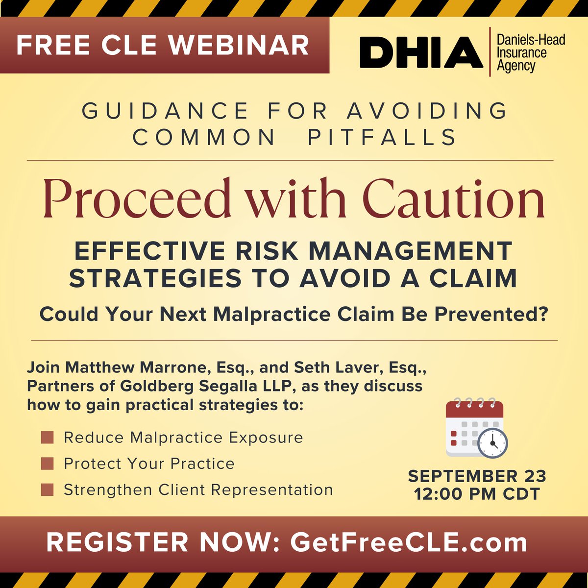 daniels_head's tweet photo. Could your next malpractice claim be prevented? Join DHIA for a #freeCLE on Sept. 23 at 12pm CT. Learn how to avoid ethical pitfalls and reduce malpractice exposure with Matthew Marrone, http://Esq., and Seth Laver, Esq.

https://t.co/Ilh9iIP5ZE
#LegalMalpractice #ClaimPrevention https://t.co/pJhAfLgKqy