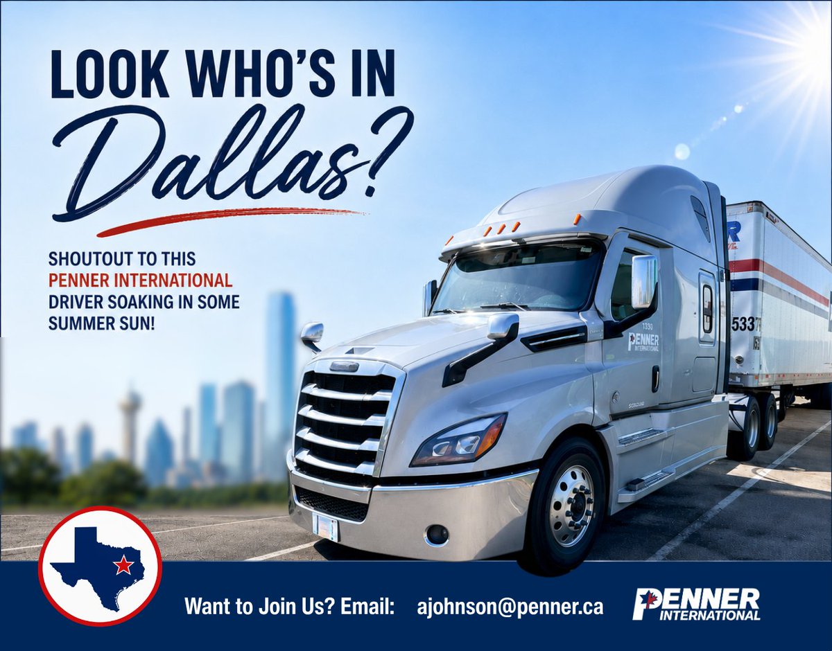 PennerInt's tweet photo. Look who rolled into DALLAS! 🤠☀️
A big shoutout to this Penner International driver enjoying a little Texas sunshine while keeping the miles moving. Safe travels, and enjoy the road ahead! 🛣️

#PennerInternational #DallasTexas #OurPromisesGetDelivered #OverTheRoad #TruckingLife https://t.co/vaHeTYsx9Z