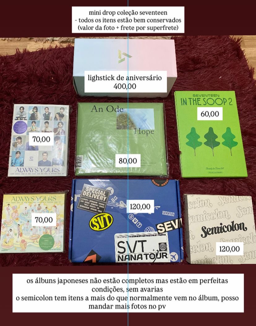 hoswonw's tweet photo. venda seventeen 
- todos os itens estão bem conservados mas não estão completos (exceto o semicolon) 
- ⁠valores na foto + frete (por superfrete) 
- ⁠tiro dúvidas e envio mais fotos e vídeos no pv 
- ⁠podemos negociar os valores
- ⁠pode abrir ceg só me avisar 
- ⁠fb @hoswonw https://t.co/ruvoPCxtH0