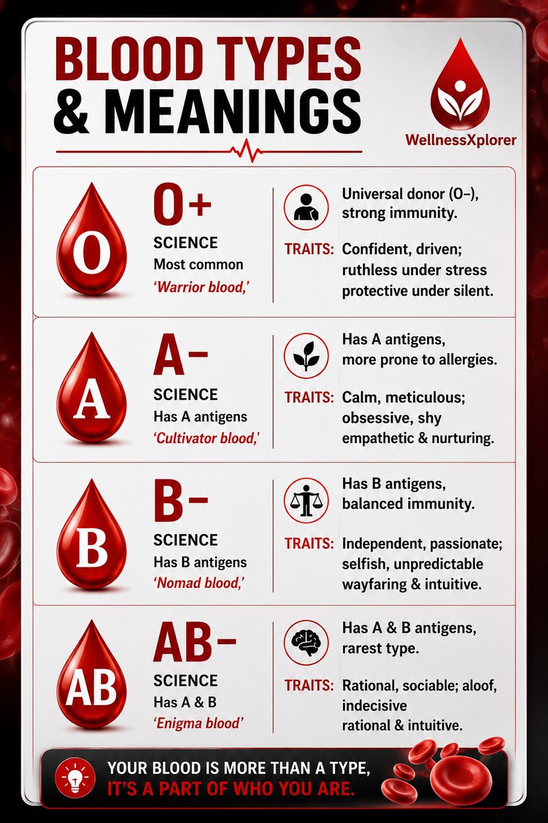 WellnessXplorer's tweet photo. Blood type is more than a letter and a symbol.

Know yours, understand what it actually means, and don’t let personality claims replace real medical facts. https://t.co/17OyR8EUN1