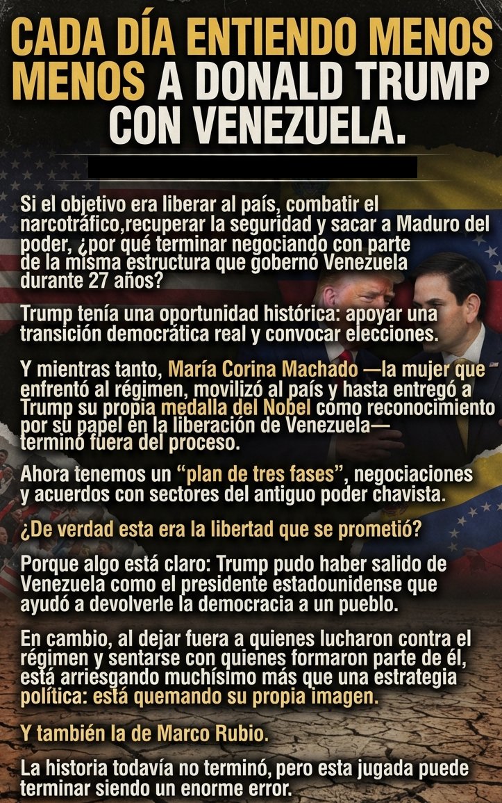 DanProVenezuela's tweet photo. Trump está dejando escapar una OPORTUNIDAD DE ORO. Pudo pasar a la historia por impulsar elecciones libres y entregar el poder a quien realmente lucho por la libertad, como @MariaCorinaYA  En cambio, negociar con la cúpula chavista terminará quemando su magen y la de Marco Rubio. https://t.co/UlQMuKqTG3