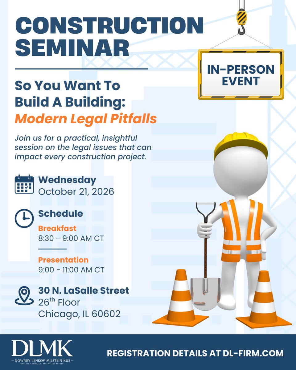 dlmkfirm's tweet photo. Join us in person on 10/21/26 for a practical, insightful seminar covering today’s key legal issues impacting construction projects.

Register here: https://t.co/twyiul9v9v https://t.co/iAbh8nRIdf