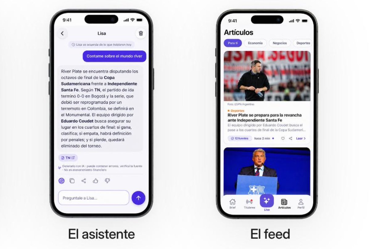 ValentinVirasor's tweet photo. Nunca pedí un favor acá. Hoy sí.

"Mario Pergolini tiene que hablar con los founders de Lisa. Esto hay que subirlo a Twitter."

Nos lo dijeron ayer al aire, apenas terminamos de pitchear.

¿Me ayudan a que le llegue? 

Para el que no sabe qué es Lisa: es una app de noticias que te cuenta el día en el formato que quieras.

🎧 El brief: un resumen en audio de diez minutos, armado para vos, todas las mañanas y todas las tardes. Elegís tus temas y cuánto te importa cada uno.
⚡ Los titulares: las cinco noticias más importantes del momento, actualizadas en vivo.
💬 El asistente: le preguntás lo que quieras y te contesta citando de qué medio salió cada cosa.
📰 El feed: por una misma noticia te muestra qué dijo cada medio, con el link para ir a la nota original.

No reproducimos el contenido de nadie. Resumimos y te llevamos al medio que lo escribió.

La publicamos hace una semana. Sin pauta, sin un peso en publicidad:

🥇 #1 en Revistas y periódicos
🥈 #2 en Noticias, arriba de Reddit, de Substack y de Google Noticias
📱 Entre las 200 apps más descargadas del país

Y en diez días nos cubrieron Perfil, La Voz del Interior, Punto a Punto, Info Negocios, Diario Nuevo Aire, Noticias Formosa, Canal C, una radio de Salta, la Universidad Católica de Córdoba, MVP y dos podcasts.

Somos siete personas en Córdoba y hace una semana no nos atendía nadie el teléfono. El de Mario ni lo soñamos: el que nos lo sugirió tampoco lo tiene. Lo aclaró en vivo, "no me lo pidan".

Así que queda en ustedes.

Si lo conocés, si conocés a alguien que lo conozca, o si te parece que le puede llegar de rebote: etiquetalo.

Mario, si te llega: diez minutos y te mostramos lo que armamos. Si no te cierra, te vas y listo.