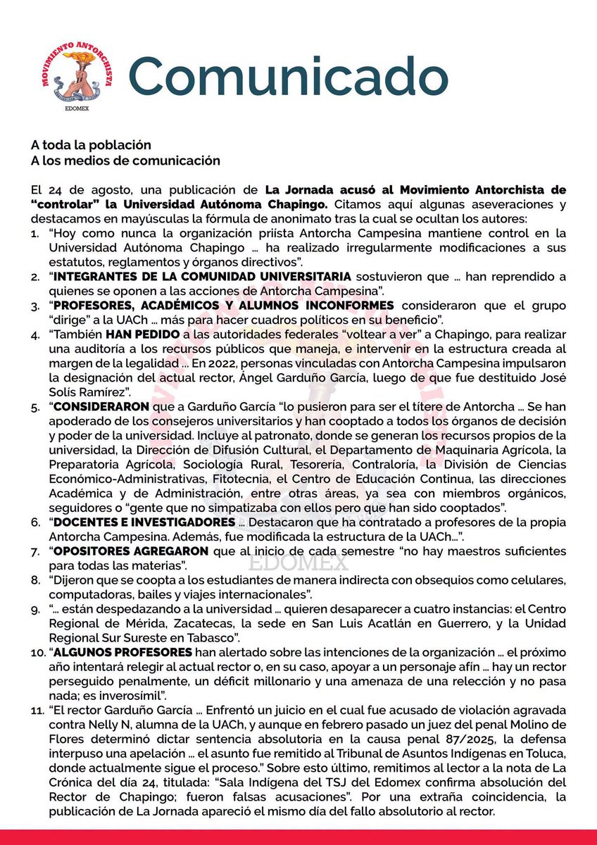 aperezzamorano's tweet photo. Rechazamos las acusaciones publicadas por La Jornada el pasado 24 de agosto, en las que se pretende presentar al Movimiento Antorchista como una organización que “controla” la Universidad Autónoma Chapingo. https://t.co/LFxINaO1nh