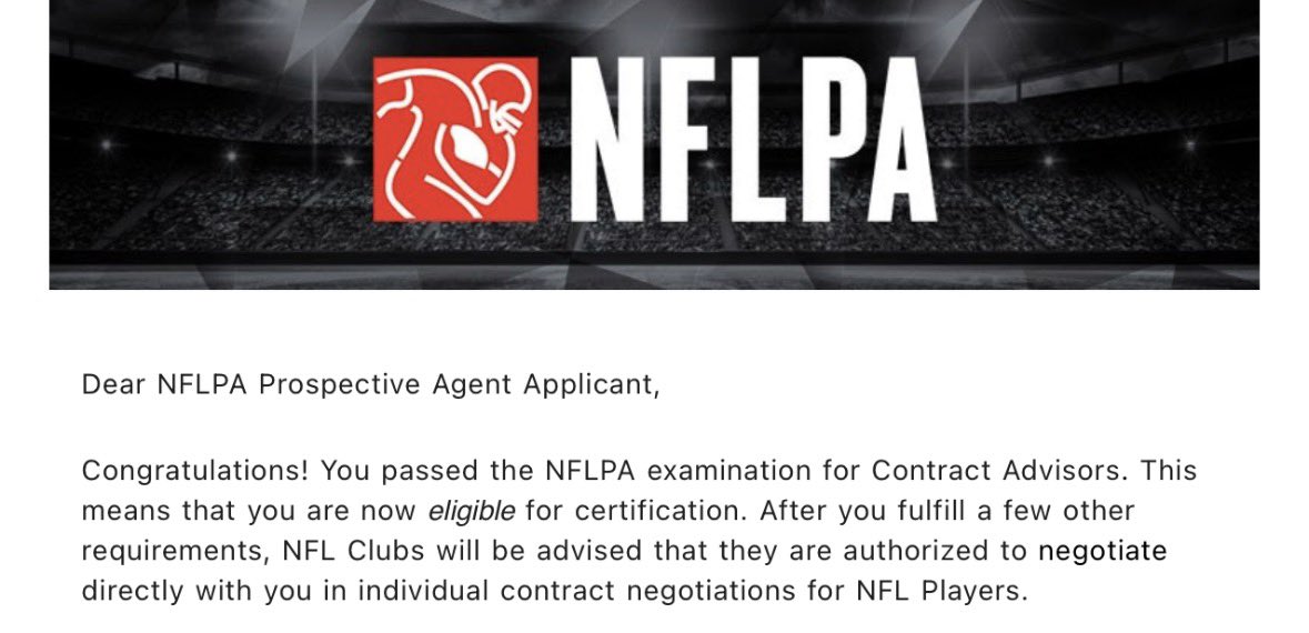 NickySiegel2's tweet photo. Incredibly grateful to share that I passed the NFLPA Contract Advisor Examination and am officially qualified to represent NFL players in contract negotiations.
Thank you to @InsideTheLeague for the guidance and preparation throughout the process.
A lifelong dream now reality. https://t.co/1mTur3APnF