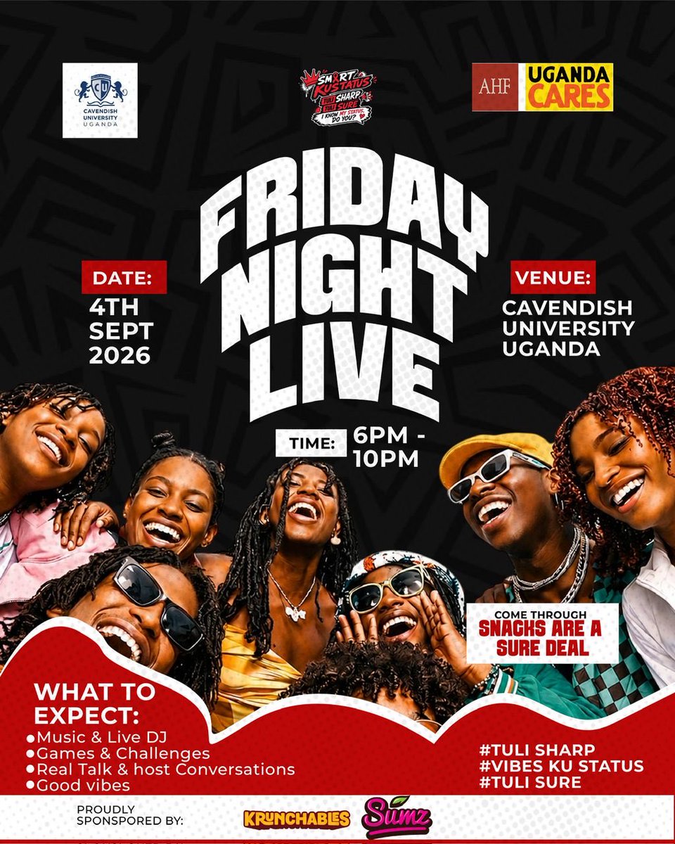 SmartKuStatus's tweet photo. Friday Night Live is coming to @CavendishUg on 4th September. 

We are excited to share and have real talk about HIV awareness and prevention. Music, games, good vibes. Snacks are a sure deal. 

Tell a friend to tell a friend and see you there! 

#TuliSharp #TuliSure #EndAIDS2030 https://t.co/5ylTUW9LKr