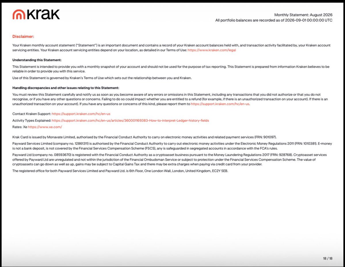 ghostlexq's tweet photo. 今天收到 Krak 的 2026年8月月度对账单：18页，记录 Krak Card / Kraken Card 消费与支付。

它不是 App 流水截图，而是一份正式的英国金融账户对账单：真实姓名、英国本地账单地址、Krak账户 ID，以及 Banking Circle 的 BIC、Sort Code、本地银行账号齐备。

可归档、可核验；很欣喜，也倍感实用。 https://t.co/wmiochpLVd