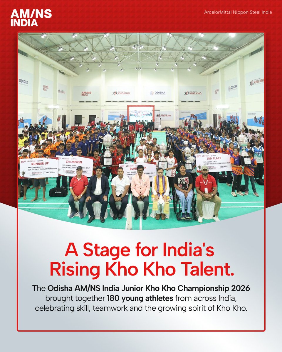 AMNSIndia's tweet photo. 12 teams. 3 days. One stage for India's emerging Kho Kho talent.

The Odisha #AMNSIndia Junior Kho Kho Championship 2026 showcased the sport's growing competitiveness while creating valuable opportunities for young athletes to shine.

@khokhohpc 

#BMBB #khokho https://t.co/GcqjYDz0eu