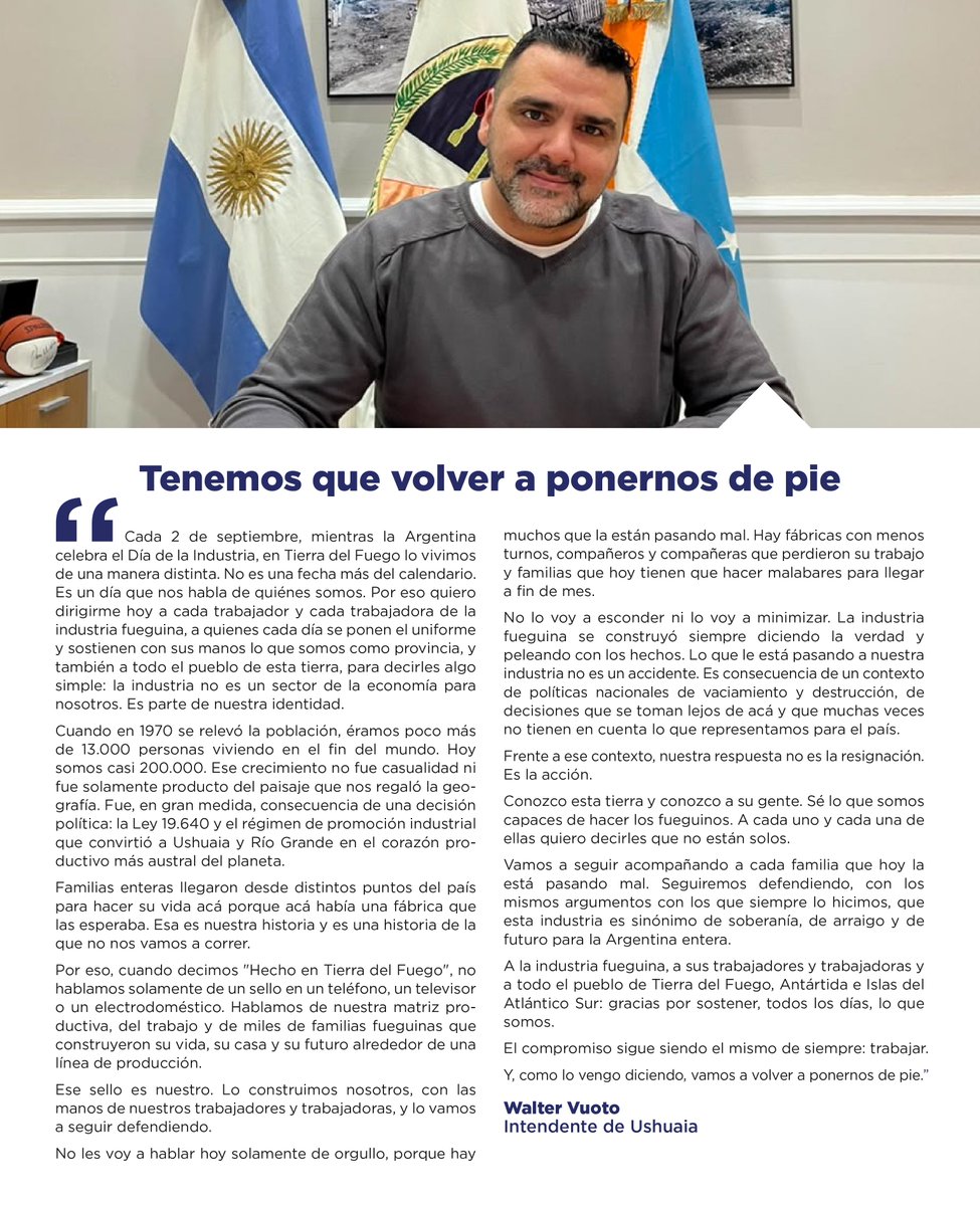 WalterVuotoTDF's tweet photo. TENEMOS QUE VOLVER A PONERNOS DE PIE 🏭

En el Día de la Industria quiero decirlo con claridad: la industria fueguina no es solamente un sector de la economía. Es parte de nuestra identidad.

Frente a un contexto difícil, nuestra respuesta no es la resignación. Es la acción.

Vamos a seguir defendiendo una industria que es trabajo, arraigo, soberanía y futuro para Tierra del Fuego y para la Argentina.

Les dejo mi aporte publicado hoy en Diario El Sureño.