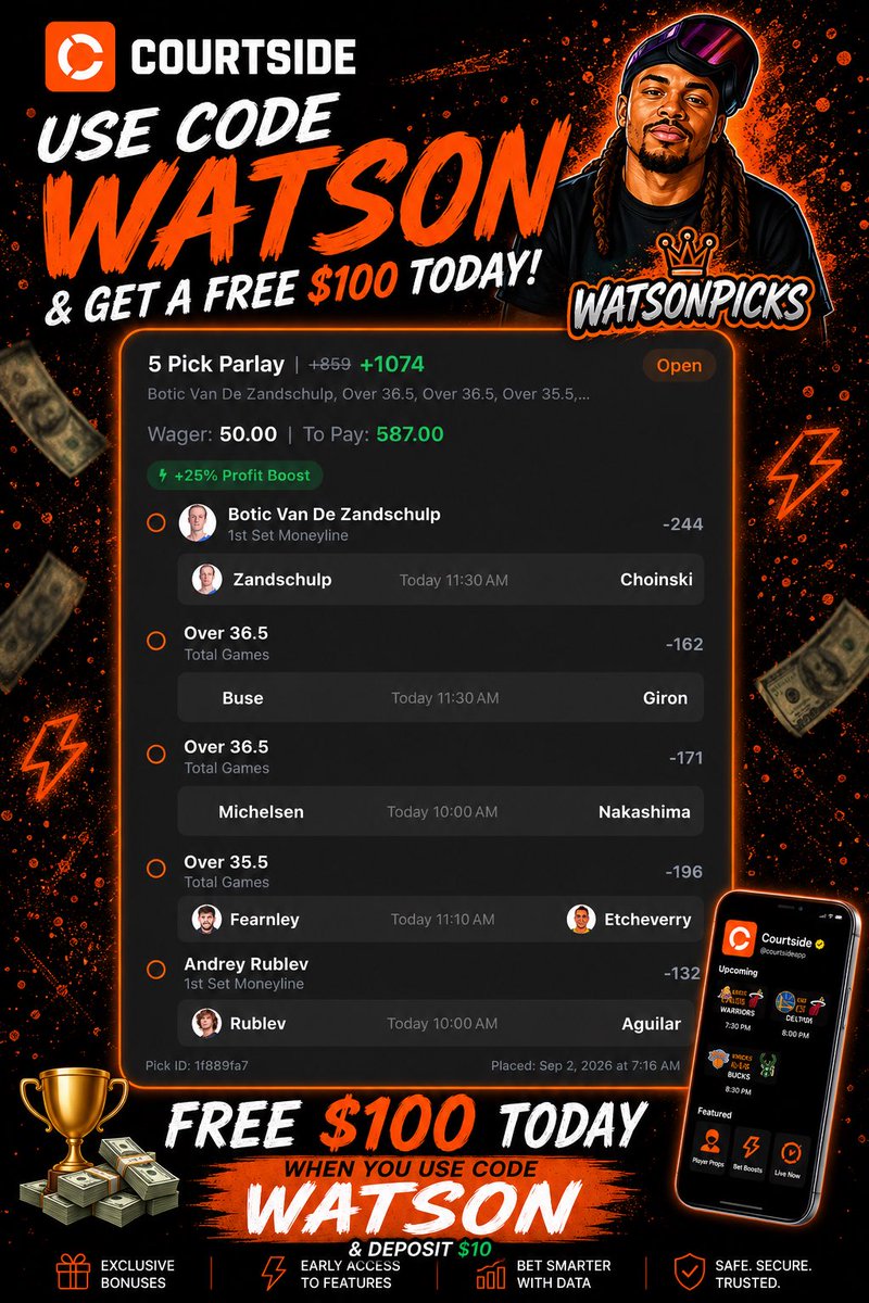FollowOfficial's tweet photo. Lets cash &amp; 💰 stash today on @courtsideapp 

Deposit $10 w/ code “WATSON” for a limited time until courtside reaches 10k then the $100 bonus is back to $50

👇 🔗  #USOPEN 🇺🇸🎾👟
https://t.co/k185Tpa8iG https://t.co/78BRioe2Ib