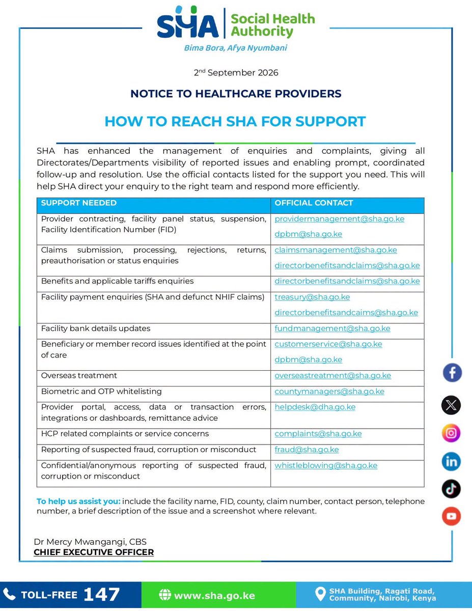 _shakenya's tweet photo. Healthcare providers, need support from SHA?

We have strengthened the management of your enquiries and complaints to enable prompt, coordinated follow-up and resolution.

Use the official contact listed for your issue. https://t.co/l0SGHUbgTx