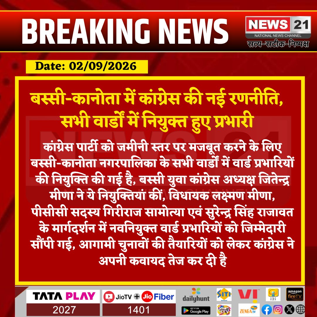 news21national's tweet photo. बस्सी-कानोता में कांग्रेस की नई रणनीति, सभी वार्डों में नियुक्त हुए प्रभारी

#Bassi #Kanota #BassiNews #Congress #CongressParty #RajasthanCongress #YouthCongress #JitendraMeena #LaxmanMeena #GirirajSamotya #SurendraSinghRajawat #WardIncharge #MunicipalElection #Election2026 #RajasthanPolitics #JaipurNews #PoliticalNews #BreakingNews #LatestNews #News21 @INCRajasthan 
 @IYC @INCIndia @Rajasthan_PYC