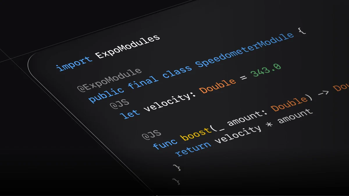 Swift code for a SpeedometerModule class annotated with @ExpoModule and @JS, with a velocity property and a boost function.