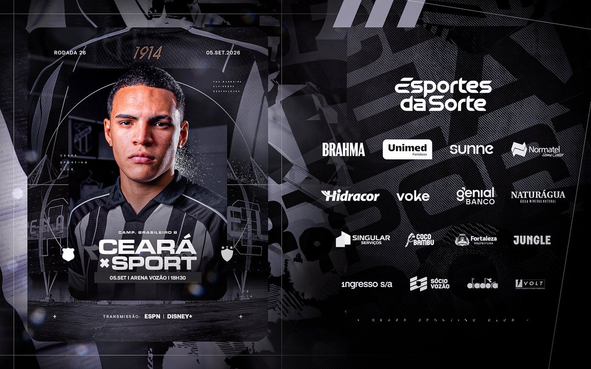 CearaSC's tweet photo. Neste sábado (05), às 18h30, o Ceará tem confronto marcado com o Sport na Arena Vozão. 🏁

As equipes se enfrentam pela 26ª rodada da Série B do Brasileiro.  Garanta seu lugar! ⚫⚪

💻 Check-in: https://t.co/AriNAp8eAI
🎟️ Venda de ingressos: https://t.co/j6N5ykiSph | Loja Vozão Sede
Bora Vozão! 🔥

#CearáSC #SócioVozão