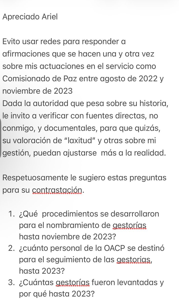 IDARDOS's tweet photo. Apreciado @ArielAnaliza 
Evito usar redes para responder a afirmaciones que se hacen una y otra vez sobre mis actuaciones. La invitación es cotejar con fuentes directas y documentales para sostener o matizar su afirmación de “laxitud”dadas las reacciones que ya generan contra mi https://t.co/RfUpiZzvHQ