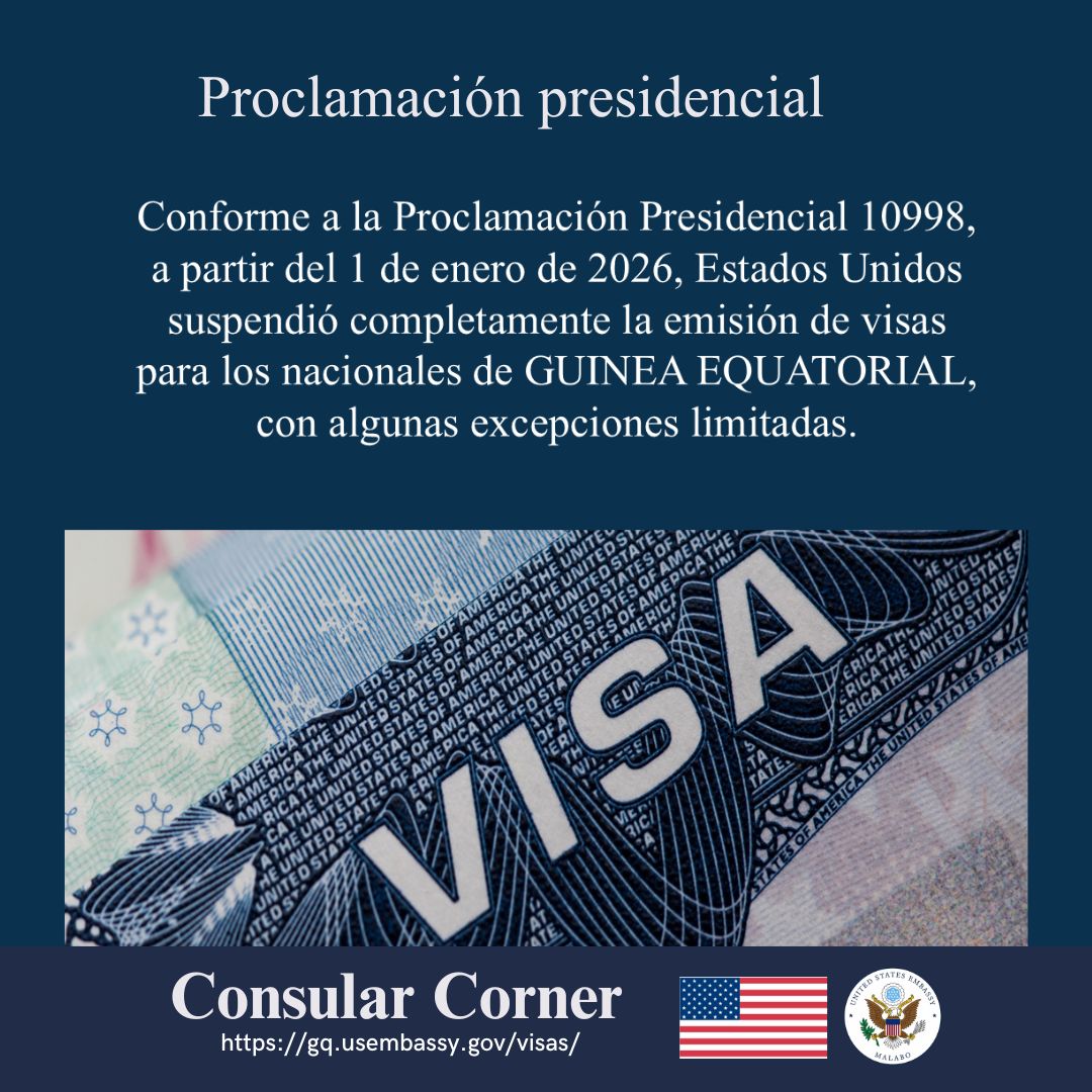 USEmbassyEG's tweet photo. Los nacionales de GUINEA ECUATORIAL aún podrán presentar solicitudes de visa y programar entrevistas, pero podrían no ser elegibles para la obtención de una visa o para la entrada a Estados Unidos.
Los nacionales de Guinea Ecuatorial con visados estadounidenses vigentes y emitidos antes de la Proclamación Presidencial aún pueden solicitar la entrada a los Estados Unidos, siempre que no hayan incumplido con las leyes de inmigración estadounidenses, todas las consultas sobre entrada deben ser dirigidas al Departamento de Seguridad Nacional por sus siglas en Ingles DHS.

Para obtener más información, visite: https://t.co/yDdOdoSmBi
.
.
#usembassy #USVisa
#consularcornersembassymalabo 
#USEmbassyMalabo
#EquatorialGuinea
