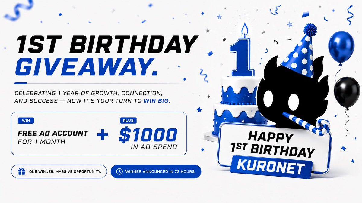 KuroNetx's tweet photo. $1000 AD SPEND + FREE AD ACCOUNT GIVE AWAY 🎁 🎉

Join us in celebrating one year of growth, connections and success with our 1st Birthday Giveaway 🥳

To be in for a chance of winning $1000 in ad spend + a first month FREE ad account:

1. Follow @kuronetx on X
2. Tag 2x Friends under this post 
3. Repost with #HappyBirthdayKuroNet

Winner will be announced in 72 hours on our Discord https://t.co/ELxrdX93pY 👀

Thank you all of the ongoing support and for making our first year in the space a memorable one 🫶🏼

Good luck everyone!