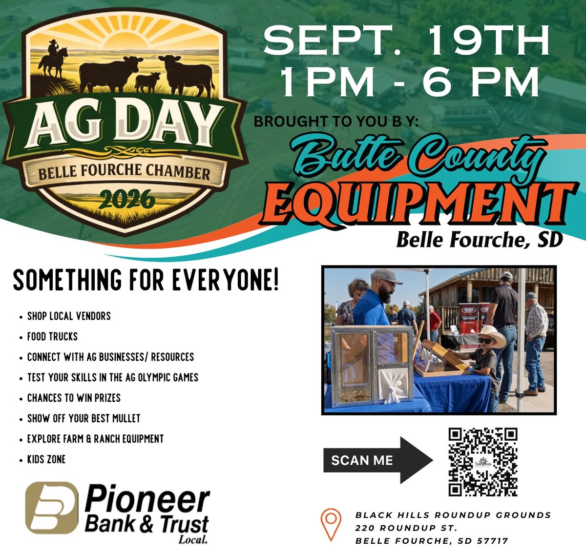 BankPioneer's tweet photo. 🌾🤠 Ag Day is back in Belle Fourche! Pioneer Bank &amp; Trust is proud to sponsor the Belle Fourche Chamber of Commerce Ag Day on September 19 from 1–6 PM at the Black Hills Roundup Grounds.

Pioneer Bank &amp; Trust; Member FDIC
#Local #PioneerBankandTrust #SouthDakota #BlackHills https://t.co/UeeEcMGrGB