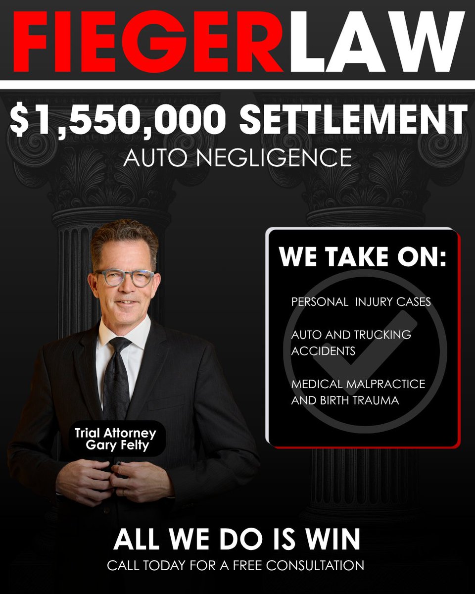 FiegerLaw's tweet photo. $1.55 Million Settlement

Our client was a passenger in a speeding vehicle when another driver pulled out of a private driveway, resulting in a serious crash.

Trial Attorney Gary Felty helped secure the $1.55 Million settlement for our client.

#FiegerLaw #AllWeDoIsWin #Auto #Autoaccident #PersonalInjury