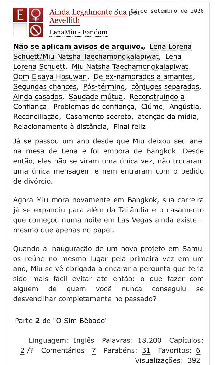 lena_miufanfics's tweet photo. “Um ano separadas. Um casamento que nunca terminou. E um amor que nenhuma das duas conseguiu esquecer. 💍🥹❤️”  

https://t.co/8GkDwP7WHO

#ลีน่าหมิว #fanfictionLenaMiu 
#LenaMiu #AO3 
#lesbianfiction ‼️T2 ‼️ https://t.co/nQ2D5YsiQS
