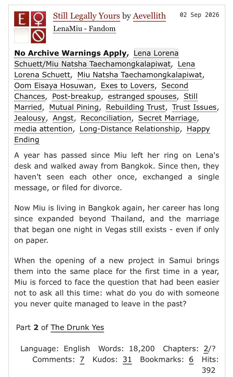 lena_miufanfics's tweet photo. “Um ano separadas. Um casamento que nunca terminou. E um amor que nenhuma das duas conseguiu esquecer. 💍🥹❤️”  

https://t.co/8GkDwP7WHO

#ลีน่าหมิว #fanfictionLenaMiu 
#LenaMiu #AO3 
#lesbianfiction ‼️T2 ‼️ https://t.co/nQ2D5YsiQS