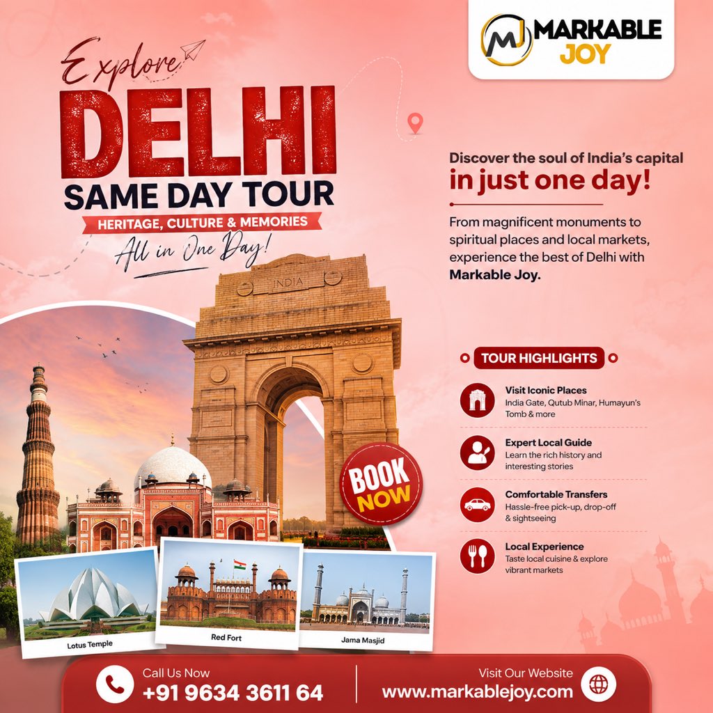 Markablejoy's tweet photo. 📸✨ Capture the spirit of India’s capital on a Delhi One Day Sightseeing Tour, featuring trending Delhi Tourism, popular Old Delhi Tour, famous Jama Masjid, India Gate, Red Fort, and amazing Delhi Travel Experience 🇮🇳❤️ #viral #trend #grow #popular #reach https://t.co/1vA3KG9MNw