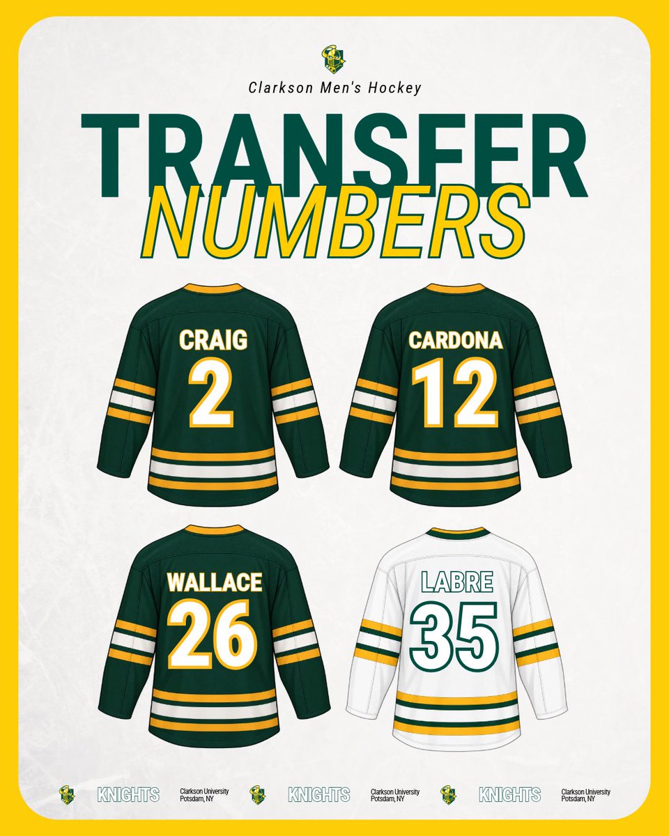 ClarksonMHockey's tweet photo. New faces. New numbers.
Meet the newest Golden Knights and get to know the numbers they’ll be rocking this season!
*White Jersey denotes Goaltender
#LetsGoTech | #GoldenKnights https://t.co/OTmGHTqWro