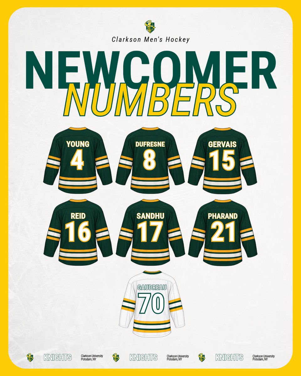 ClarksonMHockey's tweet photo. New faces. New numbers.
Meet the newest Golden Knights and get to know the numbers they’ll be rocking this season!
*White Jersey denotes Goaltender
#LetsGoTech | #GoldenKnights https://t.co/OTmGHTqWro