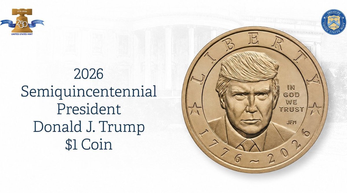 SaiPrathap846's tweet photo. Trump’s Face Appears on a New U.S. $1 Coin

The U.S. Mint has begun selling its new $1 coin featuring President Donald Trump, released as part of America’s 250th-anniversary celebrations.

The coins are legal tender, but the Mint is initially selling them in 25-coin rolls for $61 and 100-coin bags for $154.50 — meaning buyers are paying more than the $1 face value