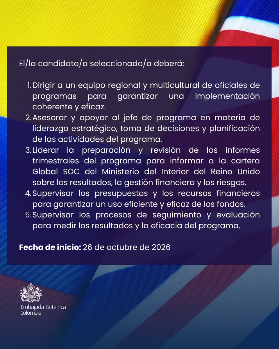 UKinColombia's tweet photo. ¡Únete al equipo #UKCOL🇬🇧🇨🇴!

Buscamos un/a Subdirector/a del Programa ACTS (Acción para Combatir el Crimen Transnacional Grave y Organizado). La persona estará basada en la Embajada en Colombia, Ecuador o Panamá.

Postúlate antes del 7 de septiembre👉🏽https://t.co/1RWWUFQ7Km https://t.co/p1rewYWIzg