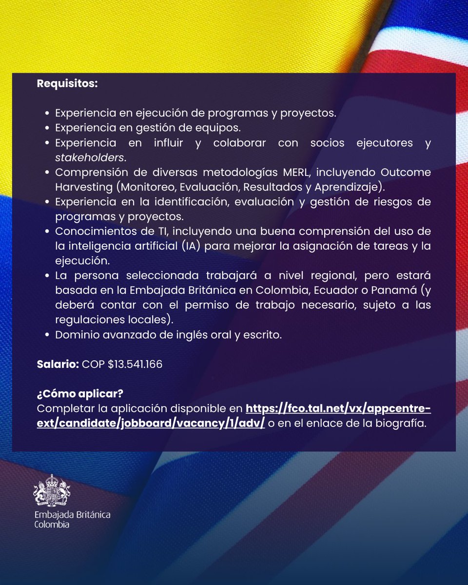 UKinColombia's tweet photo. ¡Únete al equipo #UKCOL🇬🇧🇨🇴!

Buscamos un/a Subdirector/a del Programa ACTS (Acción para Combatir el Crimen Transnacional Grave y Organizado). La persona estará basada en la Embajada en Colombia, Ecuador o Panamá.

Postúlate antes del 7 de septiembre👉🏽https://t.co/1RWWUFQ7Km https://t.co/p1rewYWIzg
