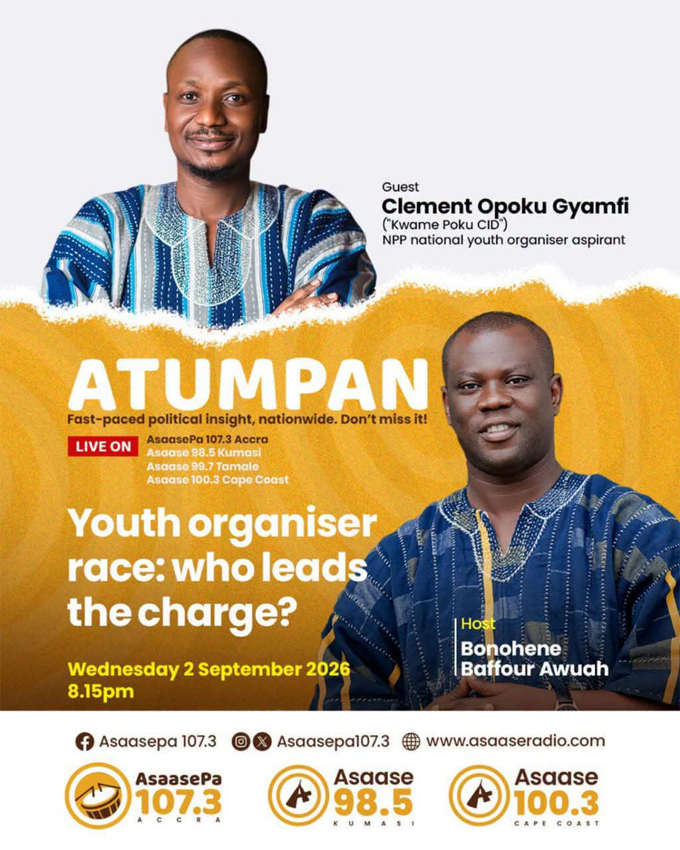 HonOpokuGyamfi's tweet photo. Tonight at 8:30pm, I will be on ‘Atumpan’ on Asaase 107.3 FM.

Kindly tune in if you can.

#cid4nyo 
#TheMafiaso https://t.co/kZozmJG84i