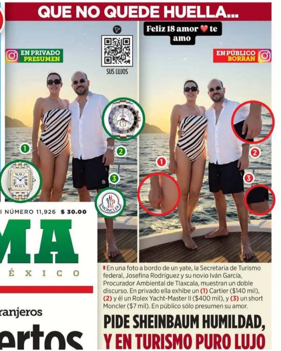marcelcarrillog's tweet photo. La narca de Palacio empezó ayer su desinforme de gobierno diciendo que los lujos y las excentricidades se habían terminado con la 4T. Pero miren nada más lo que revela hoy Reforma en su portada: su secretaria de Turismo y su pareja traen encima más de medio millón de pesos en ropa y joyería.

A la cínica de Sheinbaum la realidad le pega todos los días en la cara. Cada vez les queda más claro a los mexicanos que los morenistas no odiaban los privilegios: los querían para ellos.