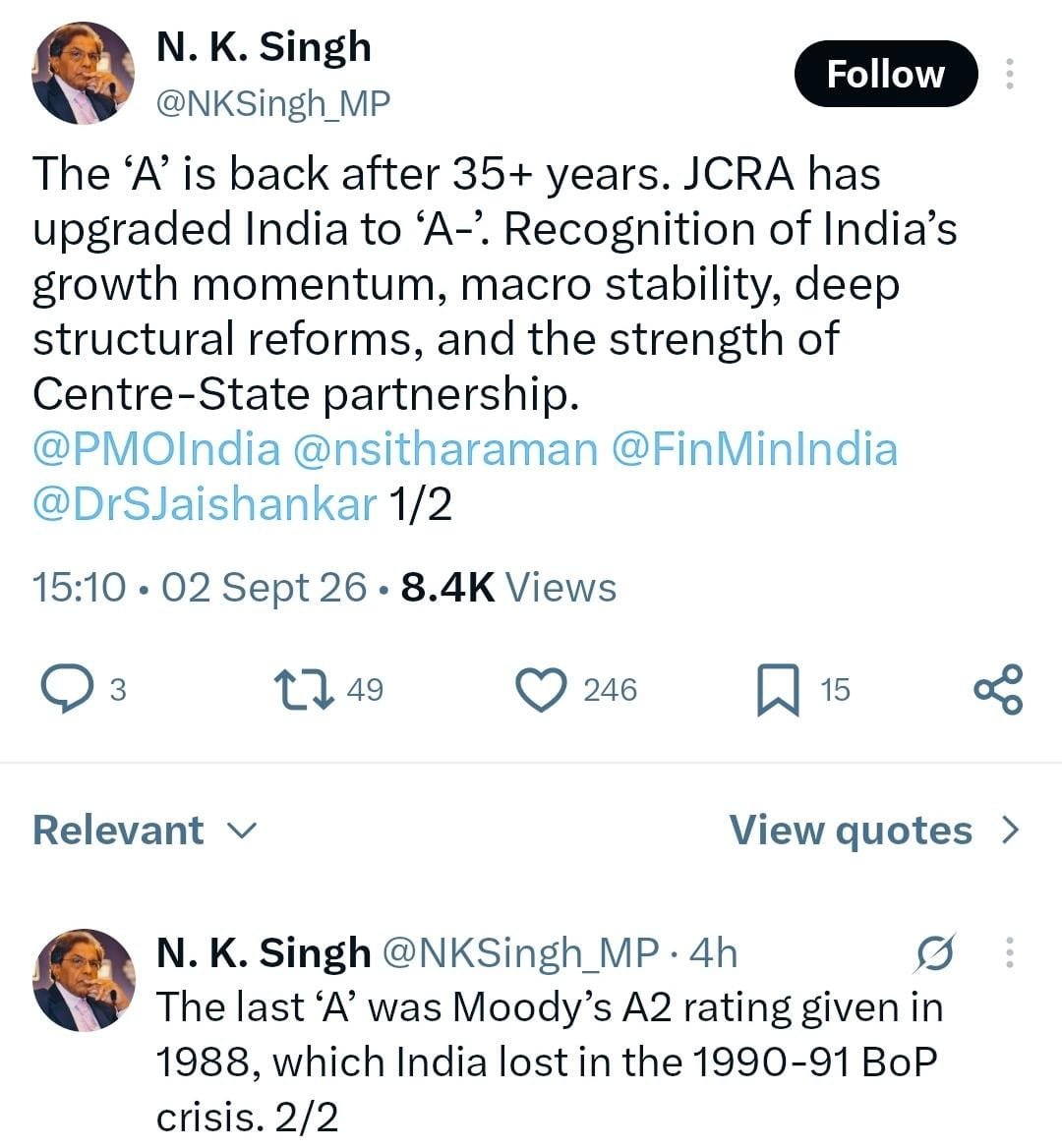 Mrsinha's tweet photo. Japan Credit Rating Agency (JCRA) upgrading India’s sovereign rating from BBB+ to A- is a huge achievement.

N. K. Singh, veteran bureaucrat and former Finance Commission chairman, summed it up perfectly:

“The A is back after 35+ years.” 🔥

India lost its A rating during the 1990–91 crisis under Congress. Today, it’s back.

And all those crying about GDP numbers since morning have suddenly gone into hibernation.
 These “dimagi naxals” simply can’t fathom good news about India.