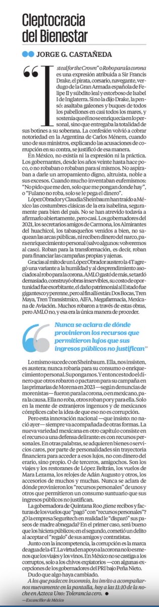 JorgeGCastaneda's tweet photo. Junto con la incompetencia, la corrupción es la marca de agua de la 4T. La virtud en apoyo a la corona no lo es menos que los viajes y los vinos. @El_Universal_Mx https://t.co/eIA1xSt6mk