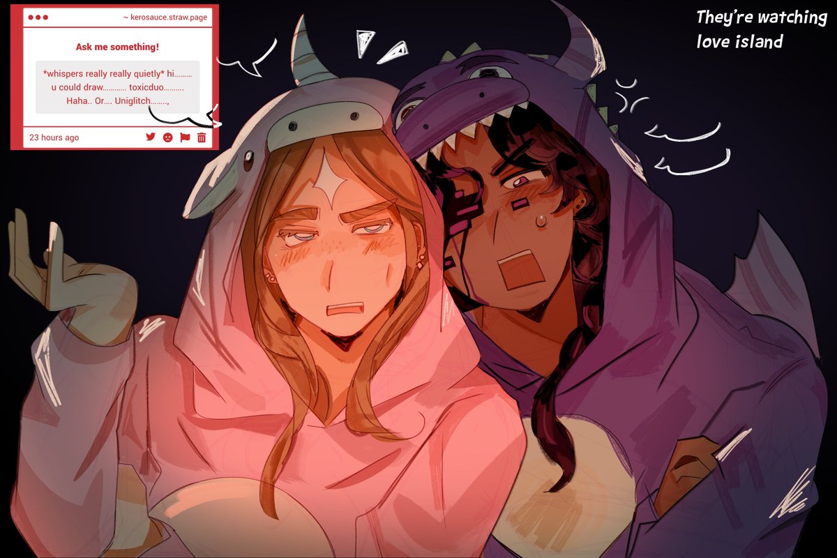 saucepawss's tweet photo. wah i dont like da coloring on dthis one but uniglitch snuggled watching tv together… i think thy did it alot as babies..  especially baby q!ash clinging 2 his  older  sister  #uniglitch #ashswagfanart #katiebfanart https://t.co/bmI28KGzE4