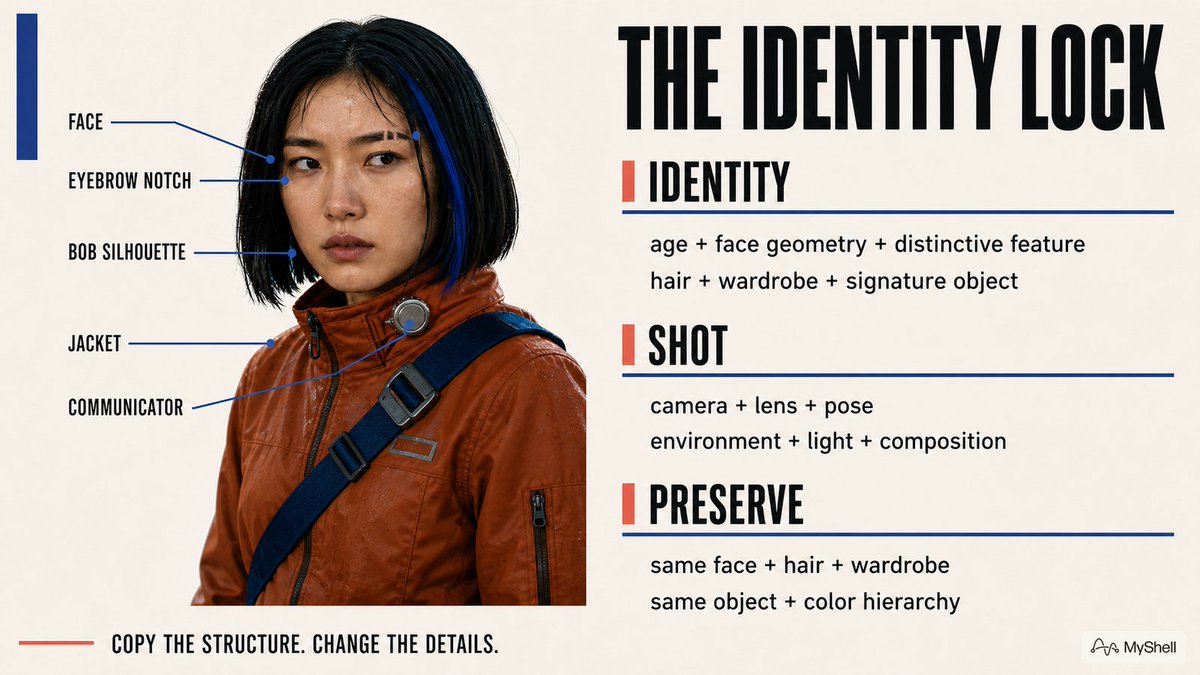 myshell_ai's tweet photo. Start every prompt with an identity block:
age + face geometry + distinctive feature
hair + wardrobe + signature object
then write the shot separately:
camera + lens + action
environment + light + composition
Copy the structure. Change the details. https://t.co/8yMmvo7Su2