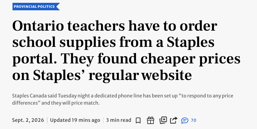 MaritStiles's tweet photo. Notebooks on Doug Ford's Staples portal: $2.51. Retail price: 79 cents. Exercise books teachers bought in June for $7.49: now $17. This gov't locked 80,000 teachers into one American-owned company. So much for Doug Ford’s tough talk. Cancel the deal. Let teachers buy local. https://t.co/FCjjTvpgKV