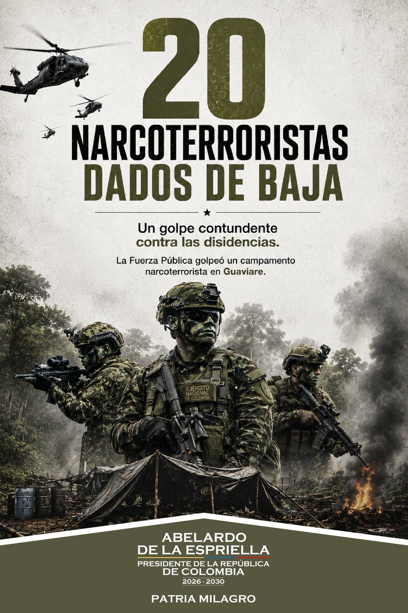 ADLESinCensura's tweet photo. 🚨 Cayó la cúpula de las FARC en el Guaviare. Tras la impecable Operación AZARÍAS, la Fuerza Pública logró la identificación dactiloscópica de alias “Tigre”, hombre de confianza de “Iván Mordisco”, abatido junto a otros 19 terroristas. 

El balance deja también 5 capturados, la recuperación de 2 menores y la incautación de 26 fusiles, ametralladoras y equipos de combate. Las capacidades financieras y militares de esta estructura criminal quedaron destruidas 💪

El Gobierno de la Patria Milagro no retrocede, la ofensiva sigue en marcha hasta golpear al último bandido 👊

¡Firme por la Patria! 🇨🇴🫡

Únete ya al Ejército de Defensores de la Patria en el link de la bio 👆🔗
