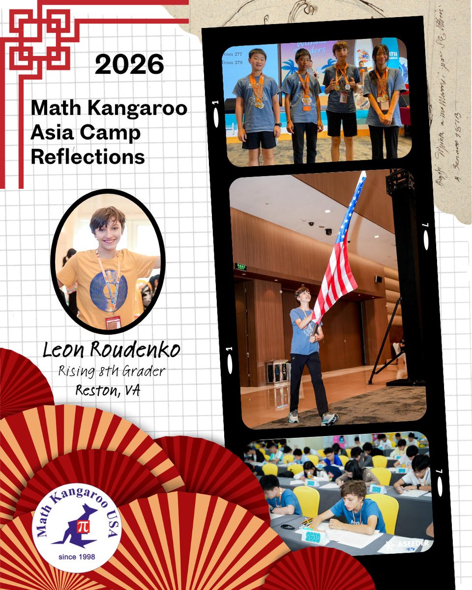 UsaKangaroo's tweet photo. 2026 Math Kangaroo Asia Camp Reflections! 🌟 Leon Roudenko shares his camp highlights! 🦘✨
"I was super happy to carry the flag for the US team at the opening ceremony... This was a once-in-a-lifetime experience that I will never forget!" 🏆🇺🇸
#MathKangaroo #STEM #TeamUSA https://t.co/h2BJ7vPTrL