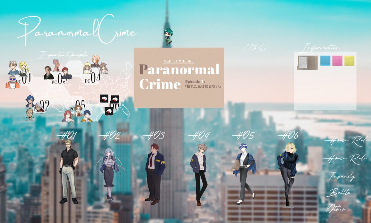 IwantNasu's tweet photo. CoC『Paranormal Crime』 
KP：らるどさん
HO1：オズワルド・アロー /ちびたさん
HO2：カロス・カロトロピス /のしこさん 
HO3：ハロルド・デッカー /谷村さん
HO4：リアン・レイヴェル /ひよさん
HO5：セージ・フォスター /茄子
HO6：ペネロペ・メリウェザー /Alzeさん
1日目！始まった～！頑張るぞ！ https://t.co/dG061wtGSY