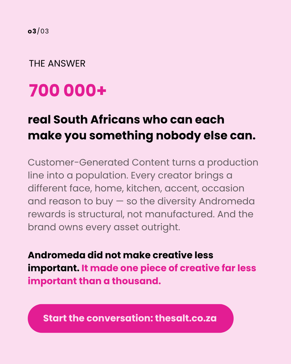 theSALT_ZA's tweet photo. Meta's Andromeda update moved the goalposts in paid media, and most SA brands haven't adjusted their production model to match.
Swipe through to learn more ➡️
#theSalt #CustomerGeneratedContent #CreatorEconomy #SouthAfrica #UGC https://t.co/dwkD4Q6vMC
