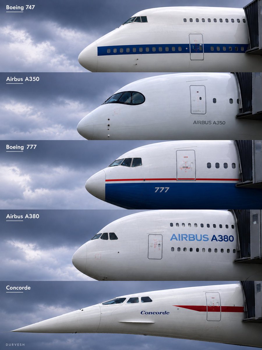 BLackgold_5's tweet photo. If you had the chance  to board one of these aircraft, which one would choose ? 747 A350 B777 A380 or concorde 

Which aircraft has the most beautiful nose design? https://t.co/Cz6M6wACN6